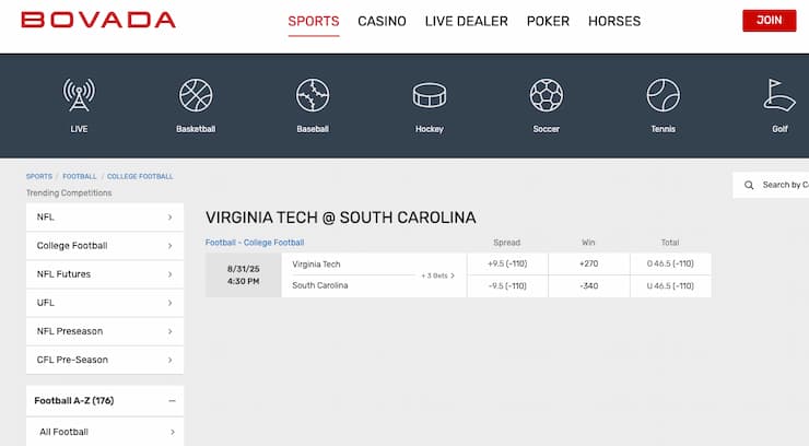 Image of Virginia Tech college sports betting odds at top Virginia sportsbook Bovada